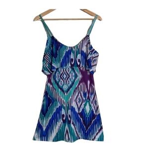 Bailey Blue Dress Geometric Print Spaghetti Strap Ruffle Popover Festival Summer